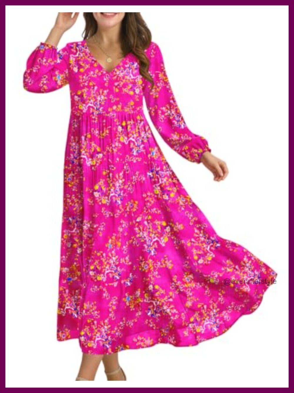 Women's Floral Maxi Dress Long Lantern Sleeve V-Neck Tiered Casual